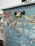 Vintage Cottage Style Console Cabinet / Sideboard painted in rustic chippy blue with birds and florals
