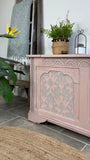 Vintage Carved Storage Bench, Painted Rustic Style Pink and Grey