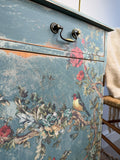 Vintage Cottage Style Console Cabinet / Sideboard painted in rustic chippy blue with birds and florals