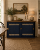 Freestanding Vintage Sliding Door Sideboard Painted Navy Blue and Gold