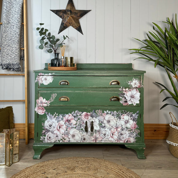 Vintage Linen Cupboard Painted Rustic Bright Green and Floral