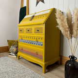 Boho inspired Stag Minstrel Bureau Writing Desk Painted Mustard Yellow