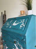 Solid Pine Bureau Desk Painted Rustic Teal with Floral Oriental Decor