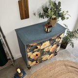 Vintage Bow Fronted Chest Of Drawers Painted Blues and Floral