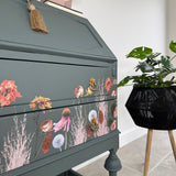 Vintage Bureau Writing Desk Painted Dark Grey, Blue and Floral