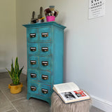 Colourful Blue Vintage Industrial Apothecary Style Wooden Chest of Drawers