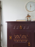 Vintage Carved Sideboard Painted Dark Plum Brown with Copper Detailing
