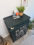 Stag Tallboy Dresser / Chest Of Drawers, Painted Dark Green And Floral
