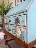 Vintage Oak Bureau Desk Painted Rustic Blue and Floral