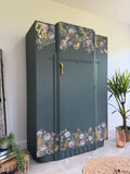 Vintage Armoire Wardrobe Painted Dark Grey and Floral
