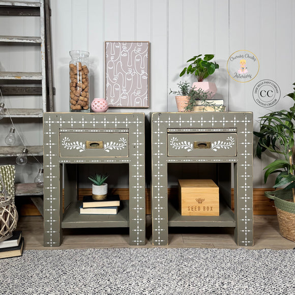 Pair of rustic solid wooden bedside tables painted green with bone inlay pattern