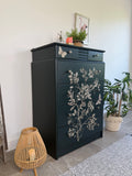 Stag Tallboy Dresser / Chest Of Drawers, Painted Dark Green And Floral