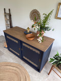 Freestanding Vintage Sliding Door Sideboard Painted Navy Blue and Gold