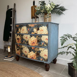Vintage Bow Fronted Chest Of Drawers Painted Blues and Floral