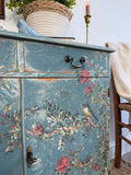 Vintage Cottage Style Console Cabinet / Sideboard painted in rustic chippy blue with birds and florals