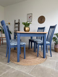 4 Seater Rustic Dining Table and Chairs Painted Blue with Patterned Fabric Cushioned Seats