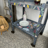 Vintage Bar Cart / Drinks Tea Trolley Painted Grey and Floral