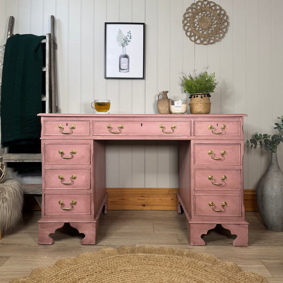 Vintage Captains Desk Painted Dusky Pink and Floral