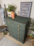 Dark Green Solid Pine Chest Of Drawers, Painted in Rustic Industrial Farmhouse Style