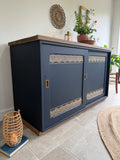 Freestanding Vintage Sliding Door Sideboard Painted Navy Blue and Gold