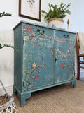 Vintage Cottage Style Console Cabinet / Sideboard painted in rustic chippy blue with birds and florals