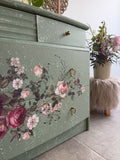 Vintage Stag Small Chest Of Drawers Painted Green and Floral