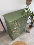 Tall Chest of Drawers Painted Rustic Dark Green with Birds and Floral Decor