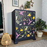 Vintage Linen Cupboard Painted Navy Blue with a Colourful Decoupaged Pattern