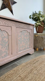 Vintage Carved Storage Bench, Painted Rustic Style Pink and Grey