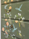 Tall Chest of Drawers Painted Rustic Dark Green with Birds and Floral Decor