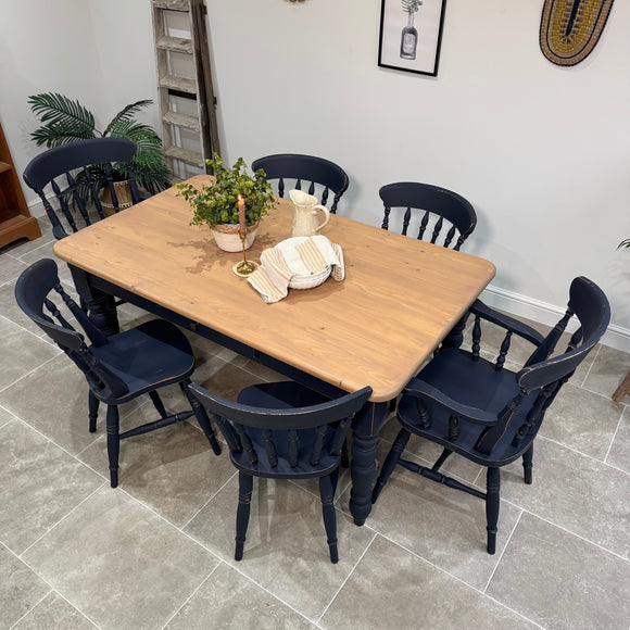 Rustic Farmhouse Solid Pine 5ft Kitchen / Dining Table and 6 Chairs Painted Dark Blue
