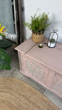 Vintage Carved Storage Bench, Painted Rustic Style Pink and Grey