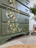 Tall Chest of Drawers Painted Rustic Dark Green with Birds and Floral Decor