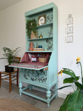 Secretary Bureau Desk Painted Light Blue with Floral Decor