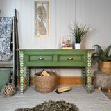 Bright Green Patterned Console Table Sideboard, Rustic Style