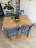 4 Seater Rustic Dining Table and Chairs Painted Blue with Patterned Fabric Cushioned Seats