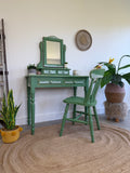 Boho Style Pine Dressing Table, Mirror and Chair Painted Green and Patterned