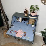 Vintage Bureau Writing Desk Painted Dark Grey, Blue and Floral