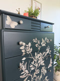 Stag Tallboy Dresser / Chest Of Drawers, Painted Dark Green And Floral