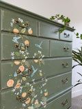 Tall Chest of Drawers Painted Rustic Dark Green with Birds and Floral Decor