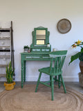 Boho Style Pine Dressing Table, Mirror and Chair Painted Green and Patterned