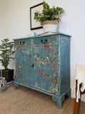 Vintage Cottage Style Console Cabinet / Sideboard painted in rustic chippy blue with birds and florals