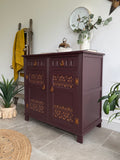 Vintage Carved Sideboard Painted Dark Plum Brown with Copper Detailing