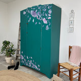 Vintage Wardrobe Armoire Painted Teal Green with Florals