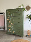 Tall Chest of Drawers Painted Rustic Dark Green with Birds and Floral Decor
