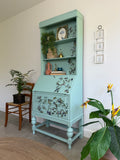Secretary Bureau Desk Painted Light Blue with Floral Decor