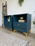 Modern Retro Style Pair of Matching Bedside Tables Painted Blue and Gold
