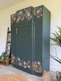 Vintage Armoire Wardrobe Painted Dark Grey and Floral