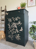 Stag Tallboy Dresser / Chest Of Drawers, Painted Dark Green And Floral