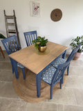4 Seater Rustic Dining Table and Chairs Painted Blue with Patterned Fabric Cushioned Seats